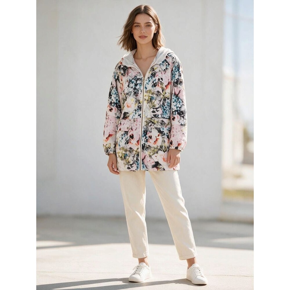 Sam Edelman Floral Hooded Rain Jacket Windbreaker Large L Anorak Parka Hiking